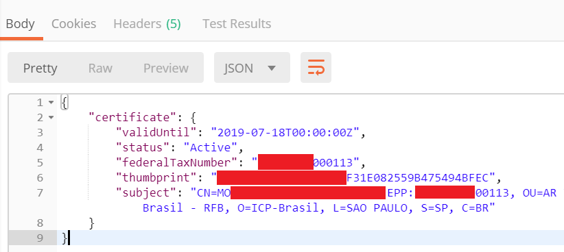 Certificado inserido com sucesso
