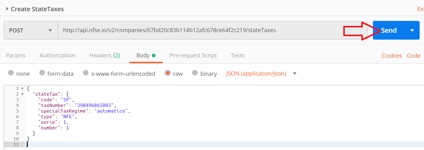 Envio da requisição da inscricao estadual